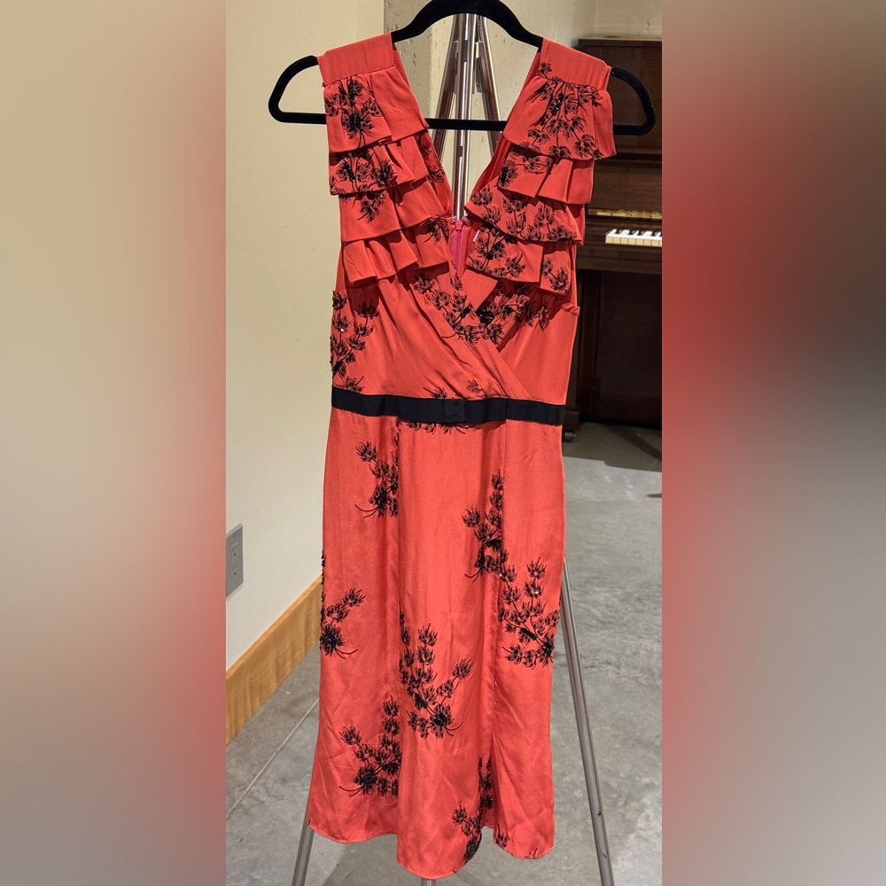 Tracy Reese Red Midi Dress with Black Floral Design